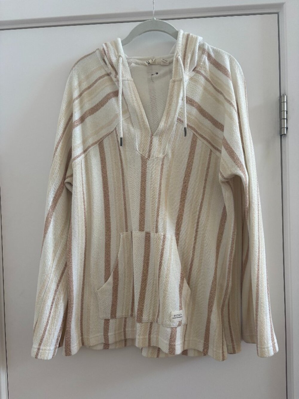 Roxy Striped Beach Hoodie Pullover Knit Sweatshirt Cream Tan EUC, L